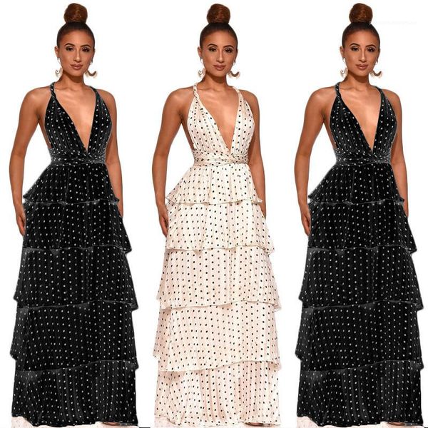 

fashion polka dot backless ruffle maxi dress new women summer dress women deep v neck dress, Black;gray