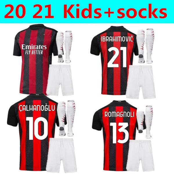 

20 21 ac ibrahimovic 21 milan kids soccer jerseys home rebic calhanoglu away theo 19 theo 2020 jersey football shirts kids kit+socks, Black;yellow