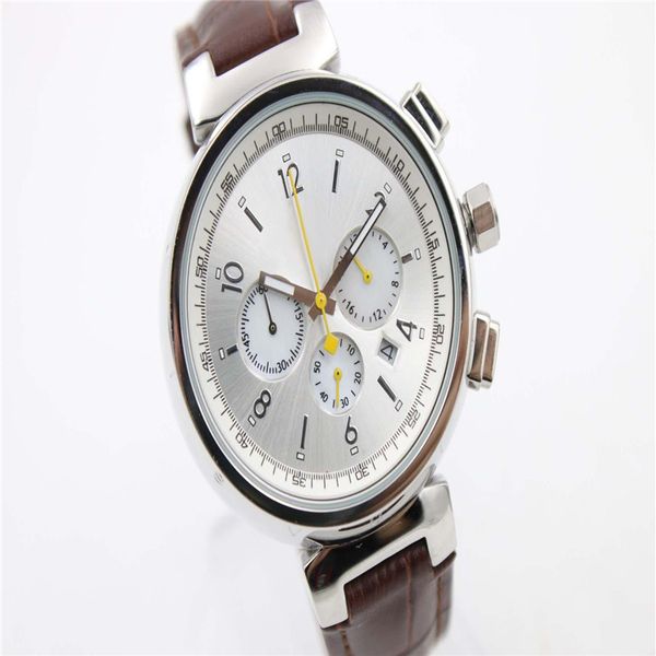

limited white dial brown leather belt quartz chronograph full function trend whatches white stainless pointer watches mens wrist watches, Slivery;brown