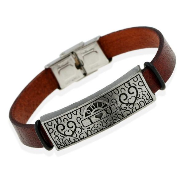 

fashion vintage heart love u genuine leather wristbands retro charms stainless steel buckle bangle jewelry, Black