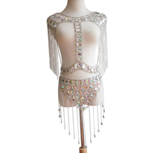 

lady body crystal sets chain retro ethnic tassel chain female tank rhinestone party club for women beauty jewelry t200508, Silver