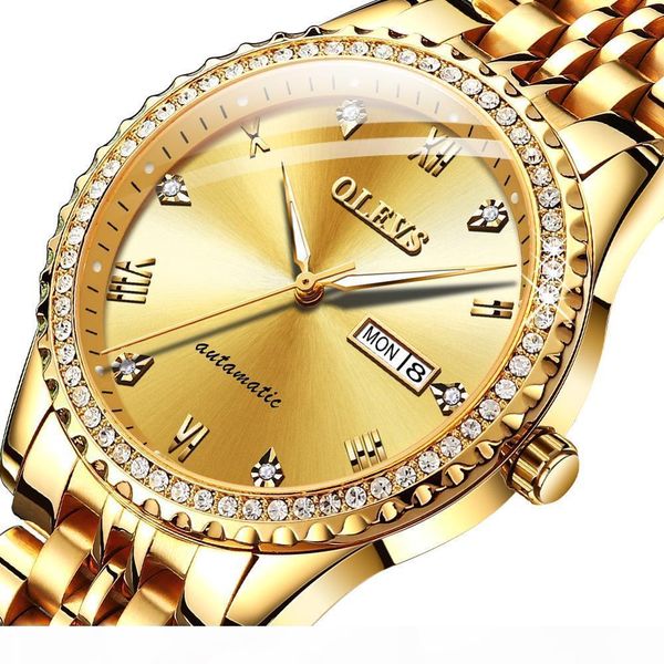 

olevs business men's automatic mechanical watch waterproof men's watch inlaid rhinestone luminous pointer automatic date, Slivery;brown