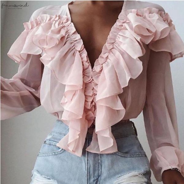 

women chiffon ruffle blouse sweet chiffon frilly v neck long sleeve cute woman fashion casual pink shirt stylish blouses, White