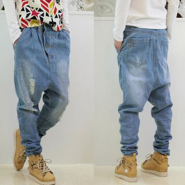 

hip hop harem jeans men loose baggy jeans low cortch streetwear denim pants blue trousers men's street dance pants