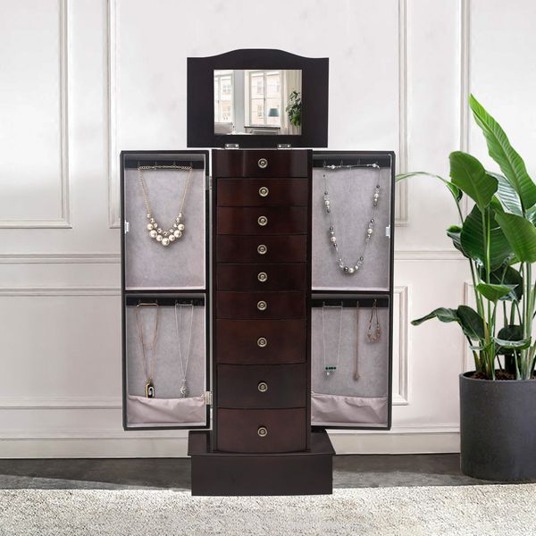 

standing jewelry armoire cabinet storage chest with 8 drawers swing doors necklace hooks makeup mirror and divided storage organizer