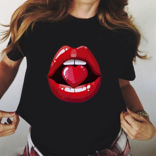 

new summer female tees red mouth lip kiss women black tshirt funny leopard graphic tee shirt femme vogue harajuku t shirt, White