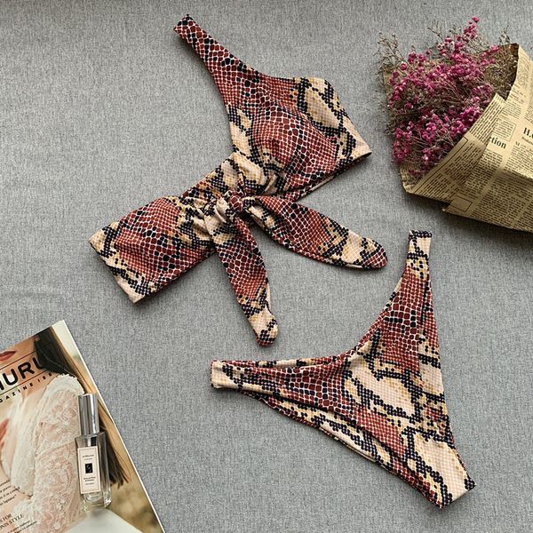 

2020 snake skin printed swimwear one shoulder bikini set chest knot push up swimming biquinis summer bathing suit, White;black