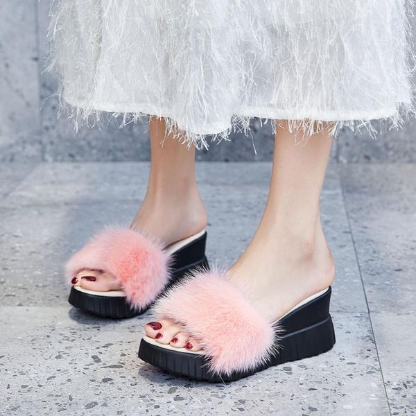

fuzzy slipper women heeled slippers shoe fur slipper wholesalers fur slippers women foxs platform shoes mule shoe, Black
