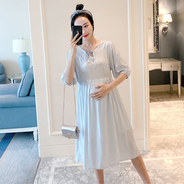 

8813# maternity dress summer solid color short sleeve easy matching loose stylish dress for pregnant women mom, White