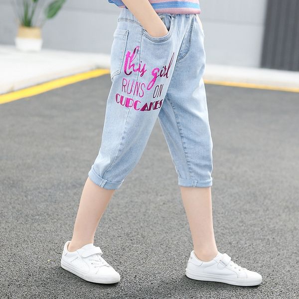 

ouqvk girls and clothing jeans summer thin casual capri pants breeches children's fashion foreign style letter printed jeans 2020 summe, Blue