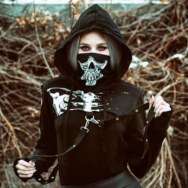 

new street personality skull print ribbon super short hooded vest elastic goddess mask gas jacket mask, Black