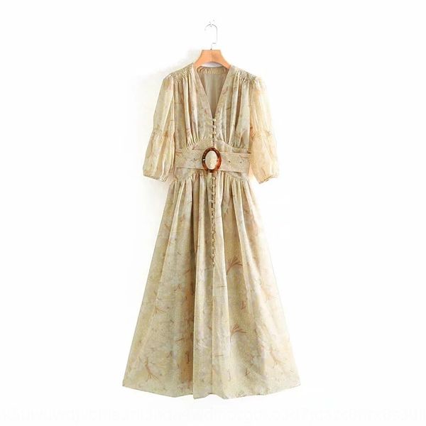 

2019 new holiday style fairy temperament beige long skirt dress printed belt decorated long dress, Black;gray
