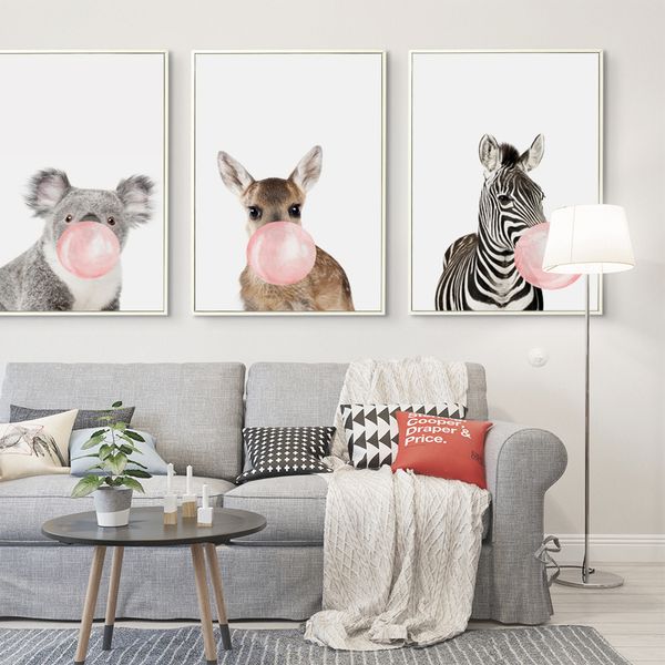 

nordic style kids decor posters bubble chewing gum giraffe zebra animal canvas painting wall art picture for nursery baby room