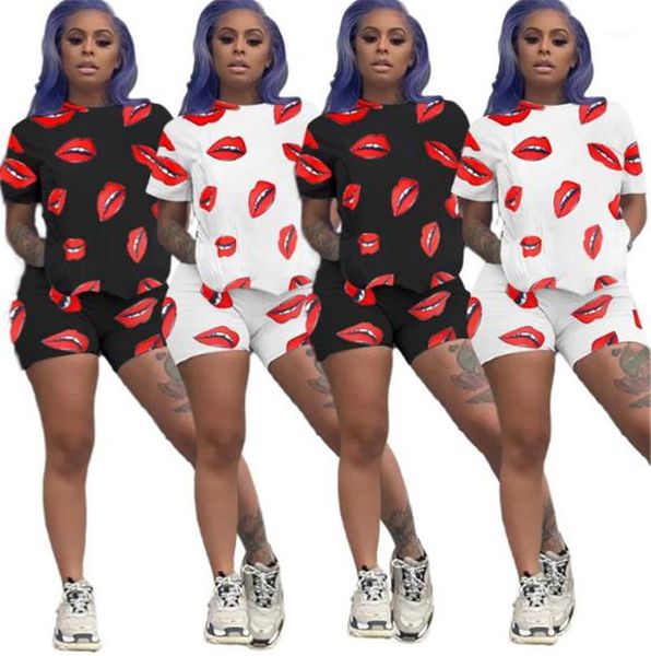 

повседневный с коротким рукавом o шеи двухкусочный шорты новые женская одежда женская lips pattern летние костюмы, Gray