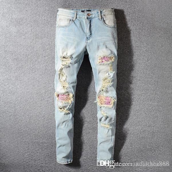 

мужские джинсы тонких рваного мужские черные джинсы привет-стрит проблемных denim бегуны колено отверстие промывает уничтожено 10 стиль мужс, Blue