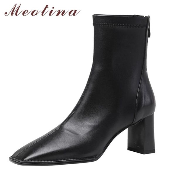 

meotina genuine leather high heel ankle boots women shoes square toe chunky zipper short boots ladies autumn black size 34-39