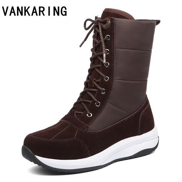 

suede leather+down women winter boots warm snow shoes woman keep warm plush inside platform wedge casual snow boots, Black