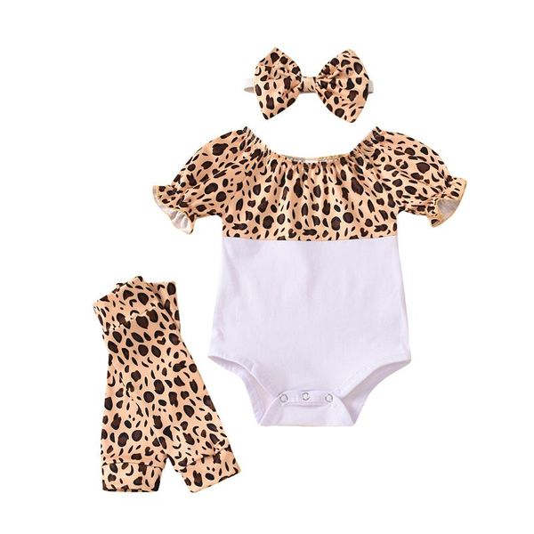 

clothing sets 0-24m kids baby girls boys bodysuits 3pcs leopard print ruffles short sleeve jumpsuits headband, White