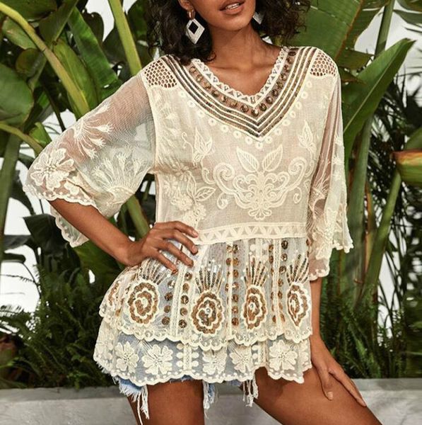 

ayualin sequin floral embroidery lace blouse shirt women cover up beach wear 2020 v neck cotton ruffles summer femme top, White