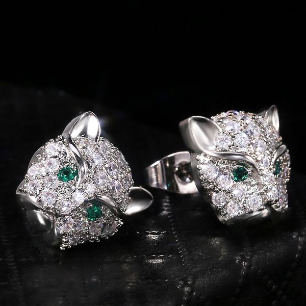 

aprilgrass brand delicate leopard head with green eyes stud earrings for female micro paved with cz stone classic animal earring jewelry, Golden;silver