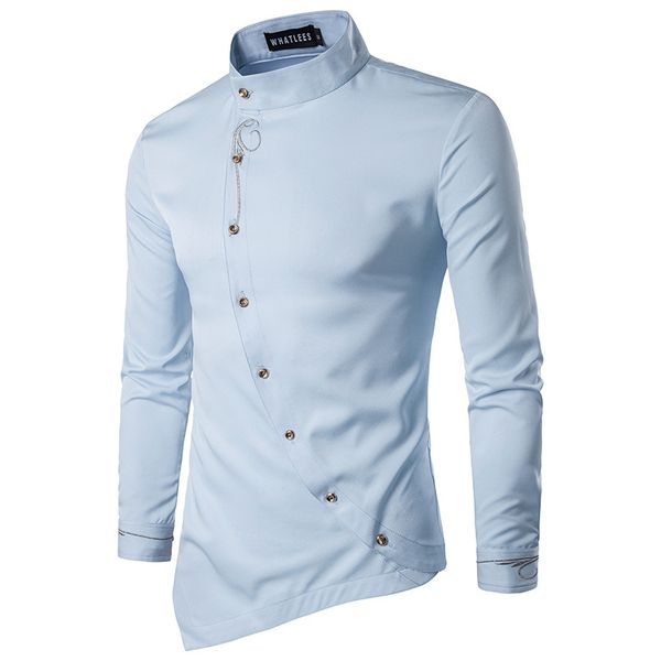 

embroidery shirts men spring new oblique button irregular shirt men chemise homme casual slim fit long sleeve camisa masculina, White;black