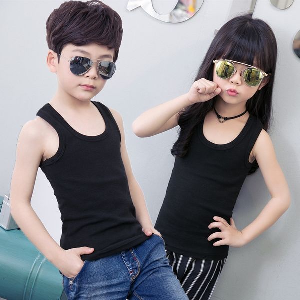 

2019 summer new boys' hurdle cotton vest children's solid color base sling vest shirt shirt girls' suspenders, Blue