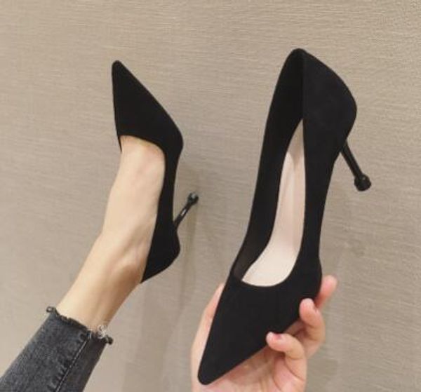 

2020 new stiletto suede shallow mouth cat heel women's single shoes professional work shoes black