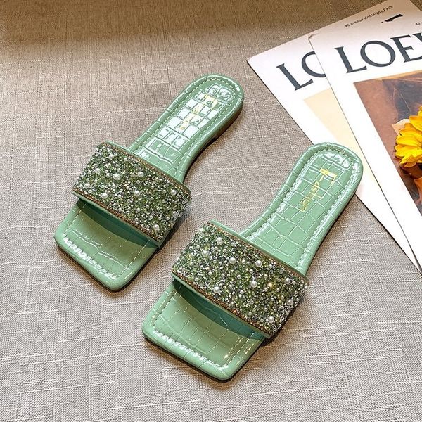 

f0r9e women's pearl rhinestone sandals 2020 summer sandals flat shoes new square toe open toe outdoor sequin slippers casual flat women