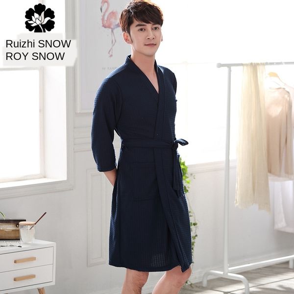 

jrsmz spring and summer wo thin waffle couple nightgown men's and women's summer seven-quarter waffle bathrobe sleeve korean bathr, Black;brown