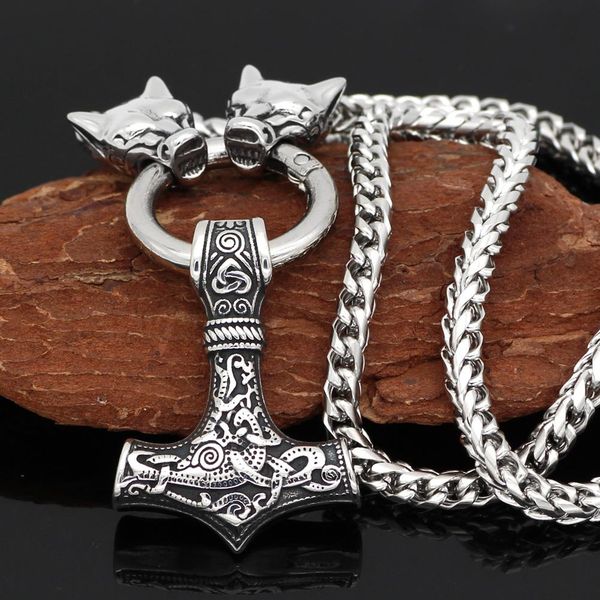 

men stainless steel viking oidn wolf head with thor hammer mjolnir pendant necklace -dragon chain, Silver