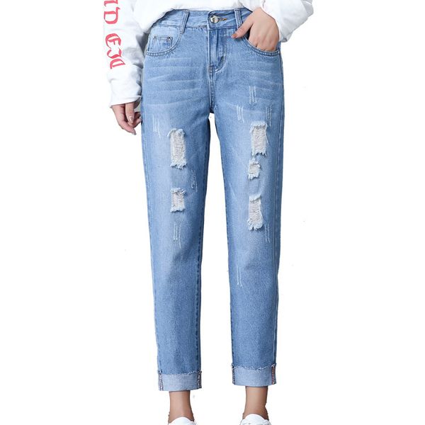 

new hole women destroyed torn hole jeans high waist stretch pencil pants slim full jeans women all-match simple denim, Blue