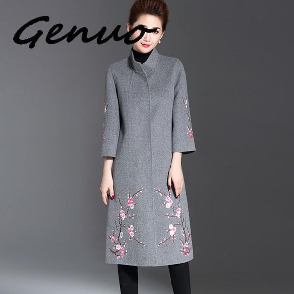 

2020 winter new female embroidery wool coat women's large size national style long jacquard woolen coat gray wine red dark blue, Black