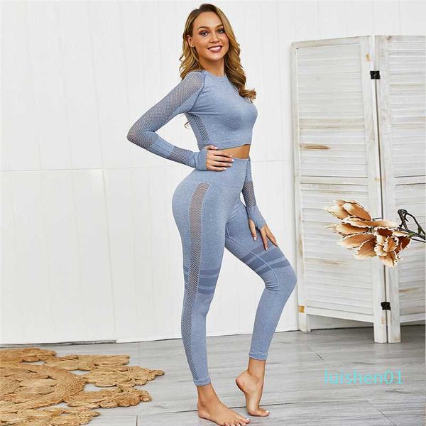 

women yoga set gym seamless 2 piece long sleeved suit high waist trousers pants and shirts sport fitness ultra strech sports l01, White;red