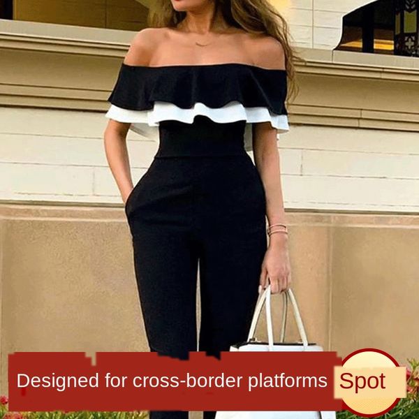 

cu-8133 spring and summer new style pantsbody pants jumpsuit pantstube black and white contrast color flounced collar jumpsuit, Black;white