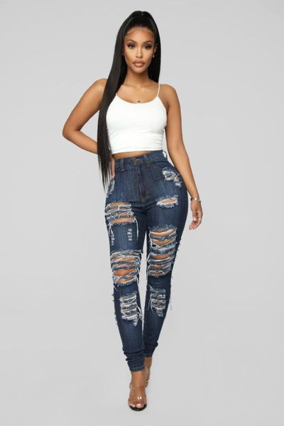 

2020 women high waist stretch denim pants jeans ladies washed holes ripped demin jeggings ladies slim fit skinny pencil jeans, Blue
