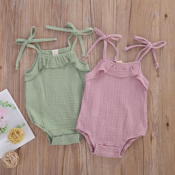 

cute newborn baby bodysuit clothes ruffle sleeveless infant jumpsuit lace up toddler solid sunsuit kids girls beachwear, Blue