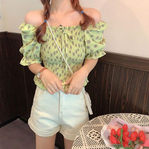 

women sweet short blouse shirts square collar puff sleeve chiffon female ruffles flower slim shirts 2020, White