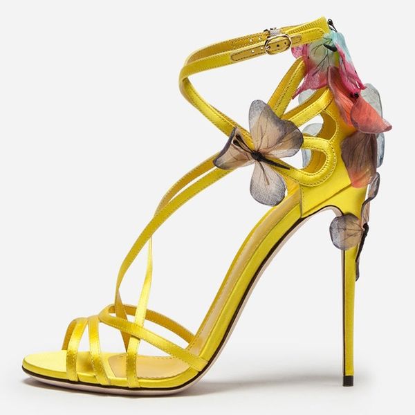 

luxury 3d butterfly high heel sandals yellow blue black corss strap high heel dress shoes cut-out banquet celebrating shoes