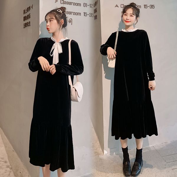 

3123# 2020 autumn new korean fashion black pleuche maternity long dress clothes for pregnant women sweet pregnancy clothing, White