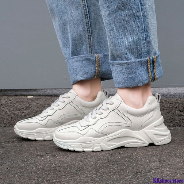 

style chunky sneakers shoes woman lace up casual spring white genuine leather cow leather sneaker woman shoes, Black