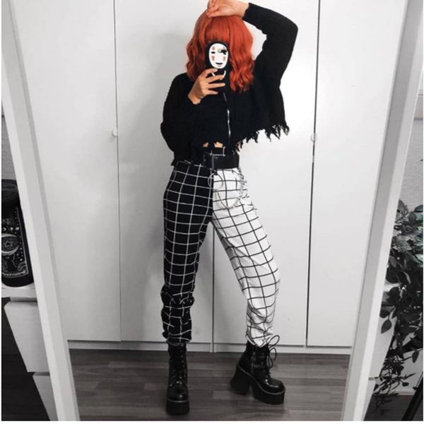 

black&white plaid patchwork cargo pants women high waist loose jogging sport casual punk style cool street jogger sweatpants, Black;blue