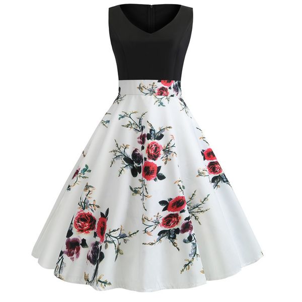 

печать без рукавов повседневных платьев лоскутных женщин тонкого v шеи цветочных платья дама нового элегантного весна-лето свинг платья парт, Black;gray