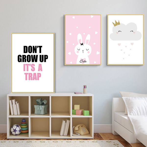 

pink rabbit canvas painting poster nursery wall pictures girls baby room decor cartoon cloud wall art babi nordic poster print