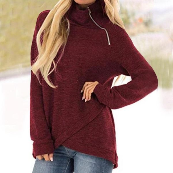 

mjartoria solid hoodies women spring autumn casual long sleeve turtleneck zipper sweatshirts female irregular 2020, Black