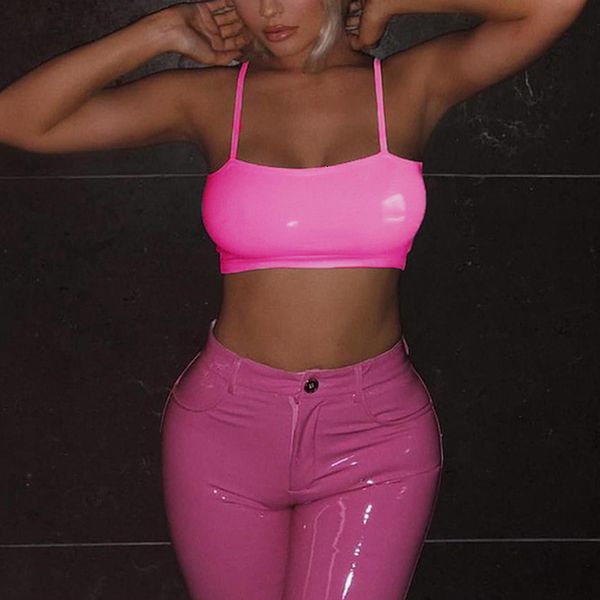 

bright pink tank pu leather night clubwear crop women camis sleeveless punk simple stretch cropped tee mujer, White