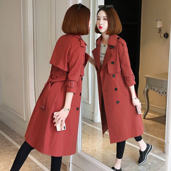 

womens trench coats fashion slim double breasted lady causal coats long solid elegant turn-down collar femme fall clothes w124, Tan;black