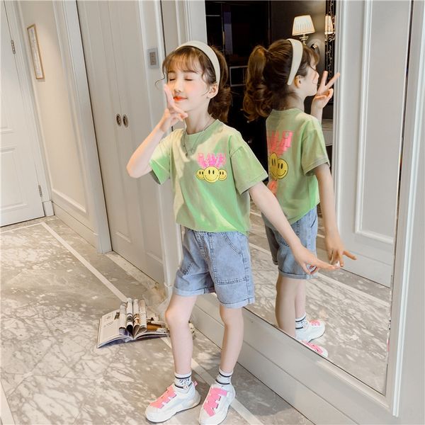 

2020 new korean style girl medium and large children's pink smiley printing children's t-shirt fresh short-sleeved t-shirt, Blue