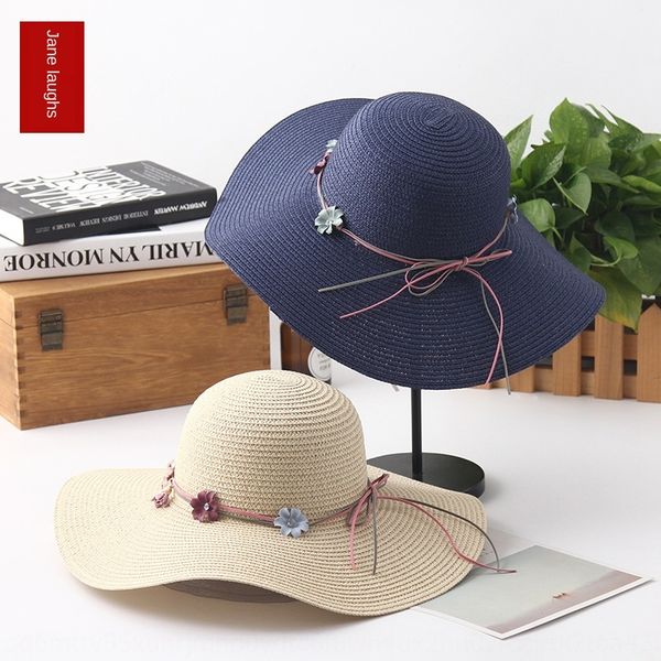 

big edge beach 2019 new foldable female beach holiday straw straw hat sunscreen flower sun hat, Blue;gray