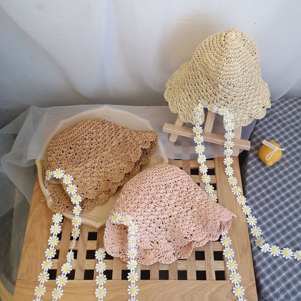 

7zmzv 2020 new hand-woven daisy flower split children's straw children's big edge sun bucket bucket straw fisherman hat fisherman, Blue;gray