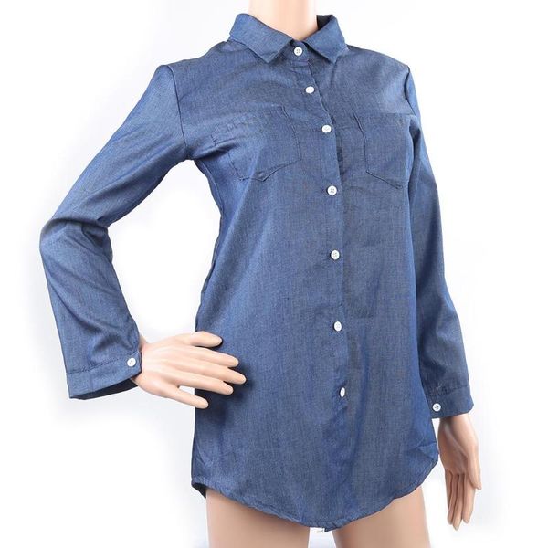 

women's spring long sleeve casual denim blouse shirt dress with pockets button denim shirt dress casual autumn coat female, White